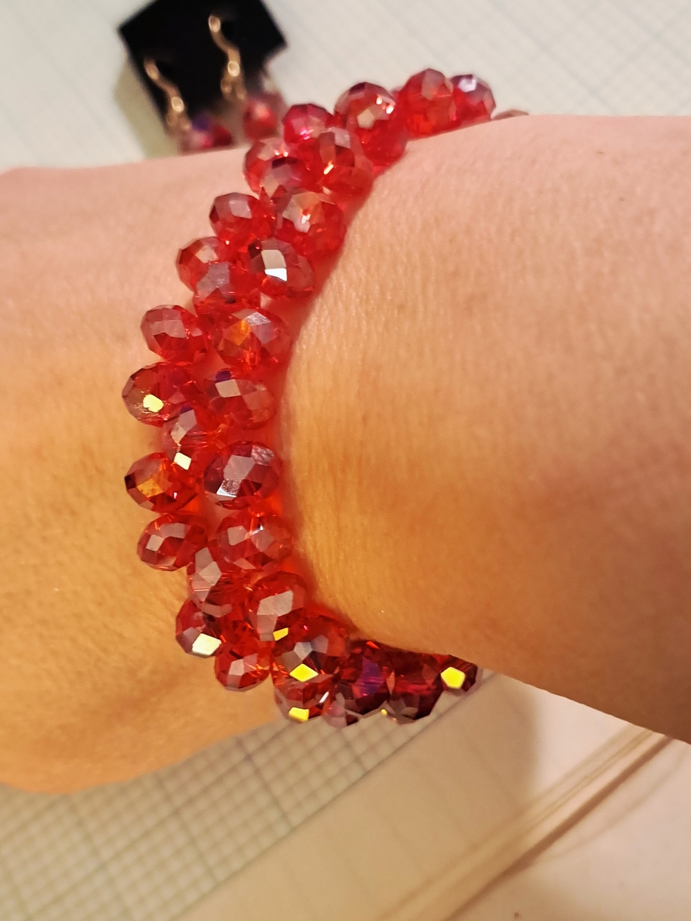 Red Aurora Borealis Crystal Bead Stretch Bracelet Set With Dangle Earrings